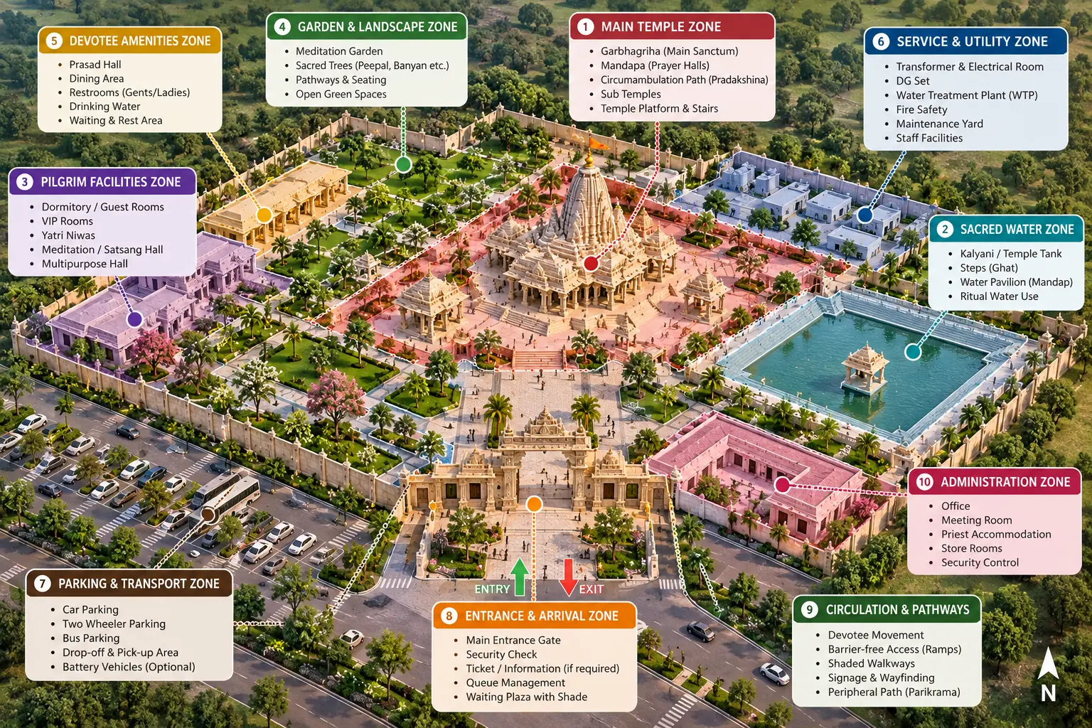 Sample temple campus zoning diagram showing sacred, service and public zones