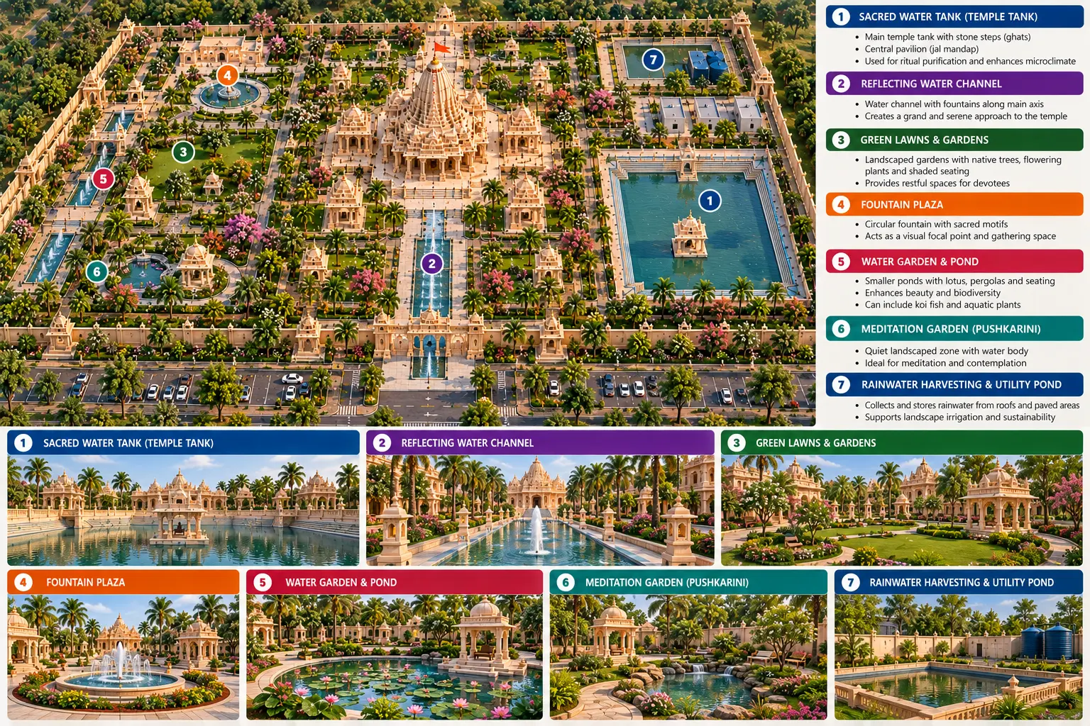 Temple kund water body and landscaped garden