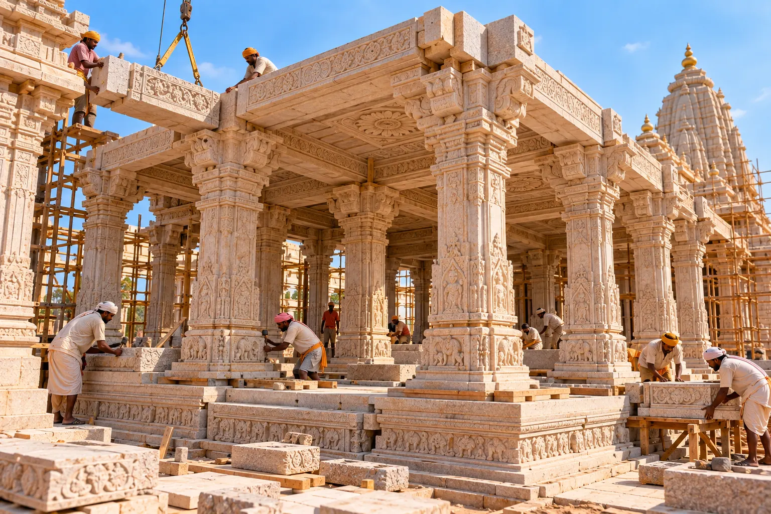 Mandapa hall construction with columns and beams
