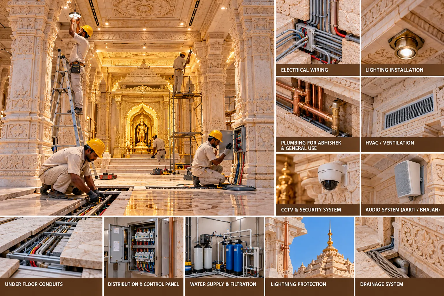 Electrical and plumbing installation on a temple site