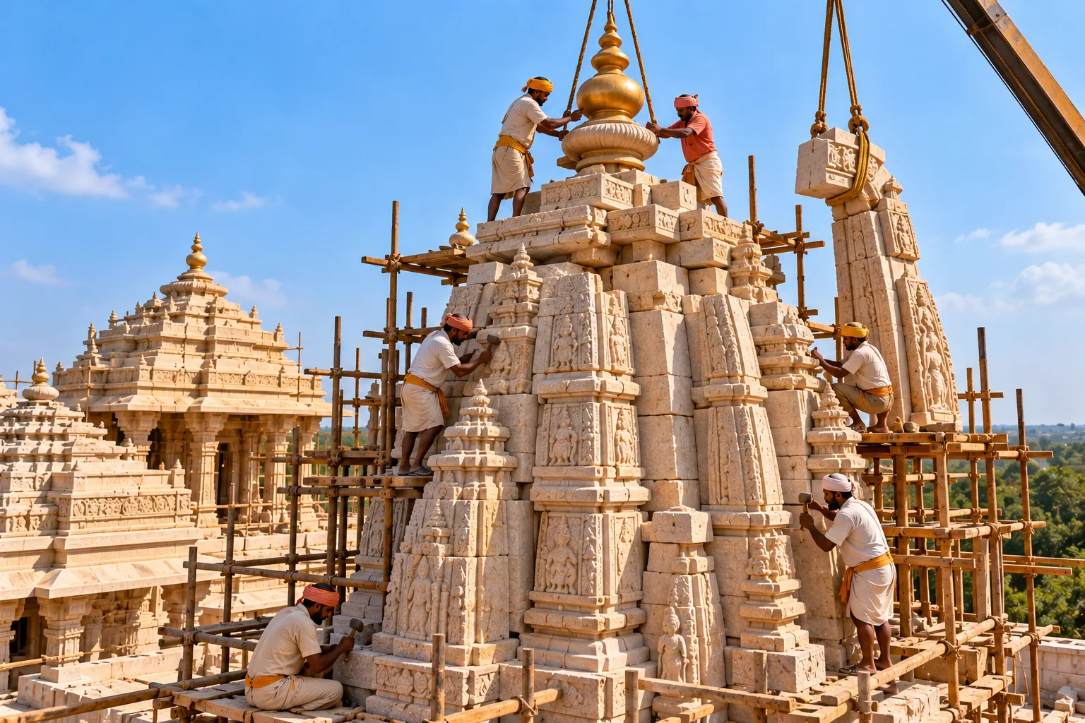 Shikhara tower under construction, course by course